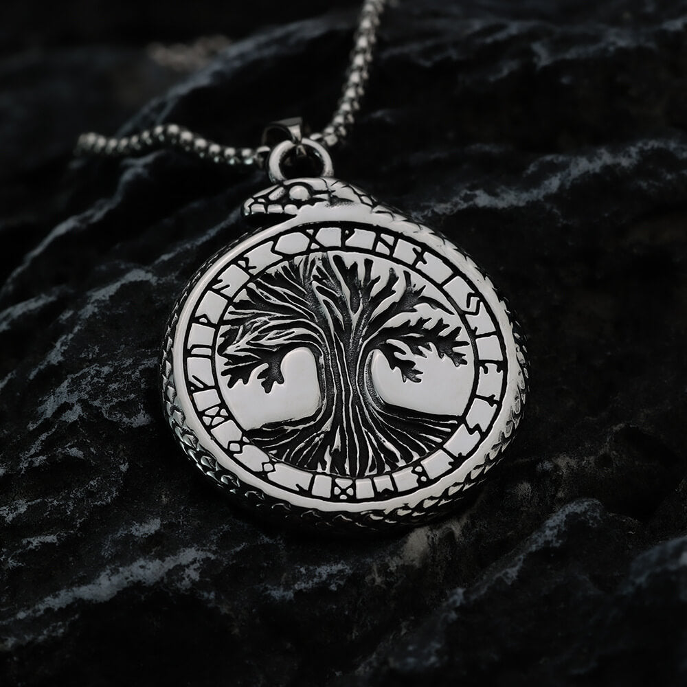 Men's Steel Vintage Ouroboros Tree of Life Round Pendant Necklace
