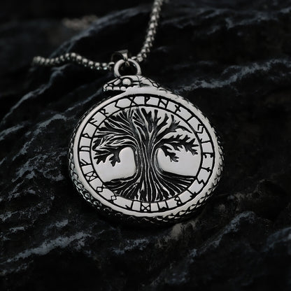 Men's Steel Vintage Ouroboros Tree of Life Round Pendant Necklace