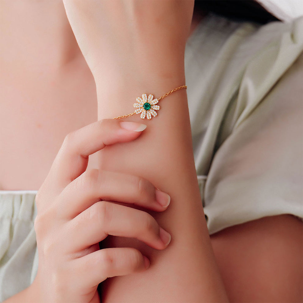 Women's Gold Full Stones Emerald Gem Flower Shape Bracelet
