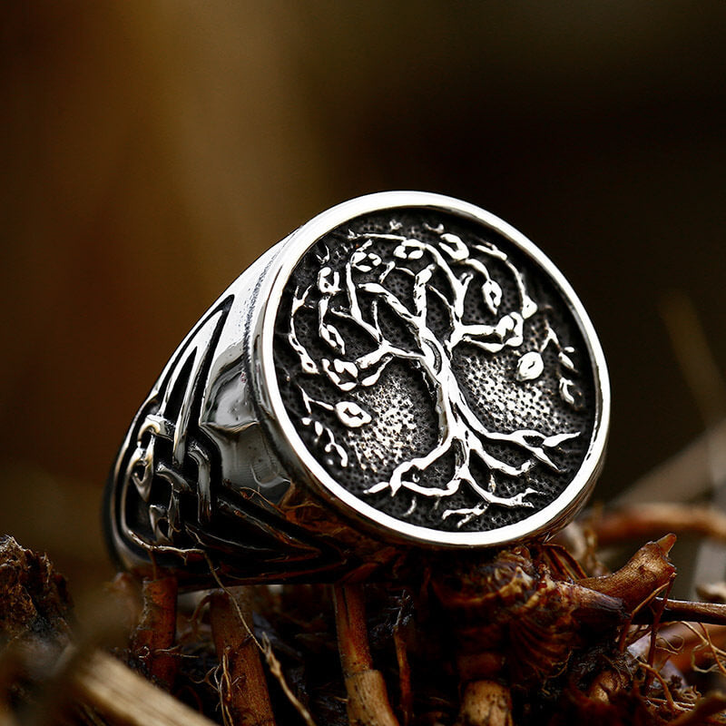 Vintage Polished Stainless Steel Viking Tree of Life Pattern Ring for Men
