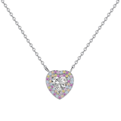 Niche Layered S925 Sterling Silver Necklace, Inlaid White Heart Main Stone and Colorful Round Zirconia Exquisite Fashion Pendant