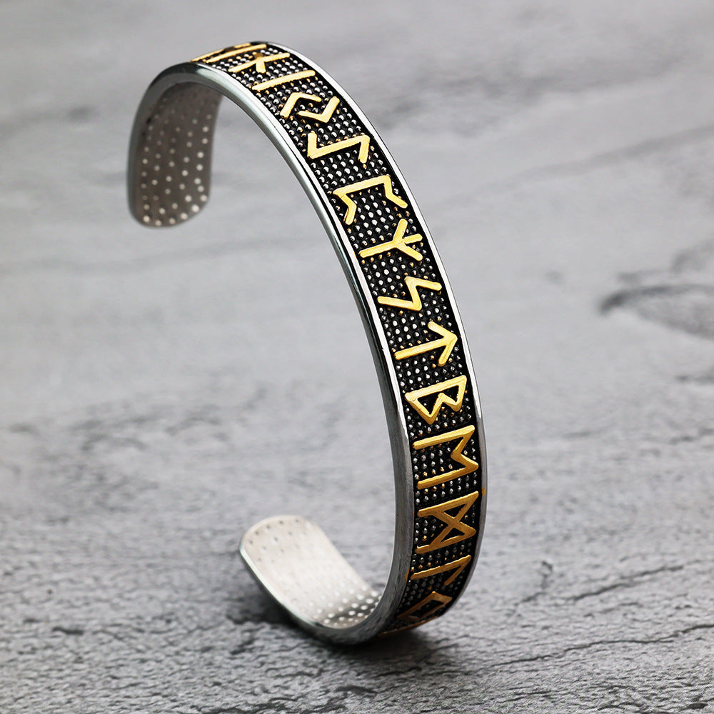 Men's Nordic Pirate Vintage Solid Stainless Steel Open C Cuff Bracelet, Engraved Viking Rune Symbols Adjustable Retro Bangle