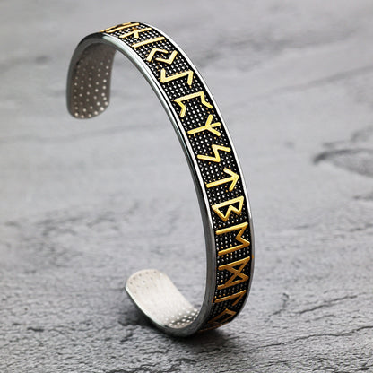 Men's Nordic Pirate Vintage Solid Stainless Steel Open C Cuff Bracelet, Engraved Viking Rune Symbols Adjustable Retro Bangle