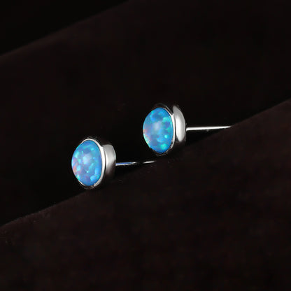 Women's Bezel‑Set Round Stud Earrings, Blue Opal / White Opal