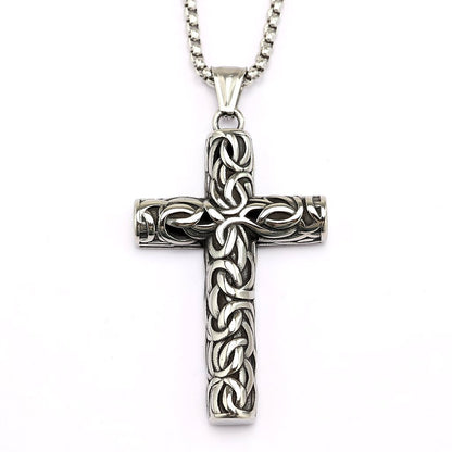 Vintage men's stainless steel carved cross pendant necklace