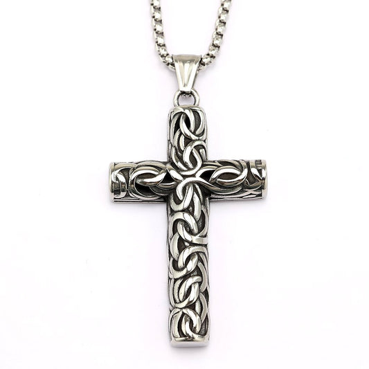 Vintage men's stainless steel carved cross pendant necklace