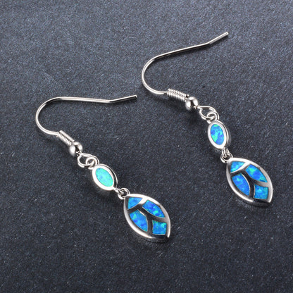 Women's Double‑Layer Leaf Mosaic Blue & White Opal Hook Dangle Earrings, White Gold Plating