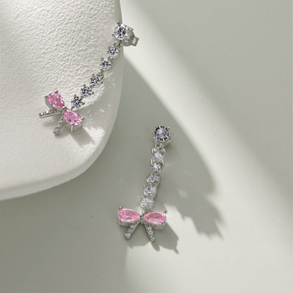 Women's Bow Dangle Earrings, Pink Zirconia Bow with Round Zirconia Chain, S925 with White Gold Plating
