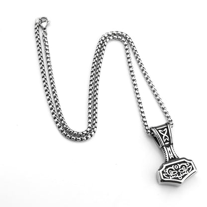 Vintage Antique Oxidized Stainless Steel Men's Viking Mjolnir Rune Totem Pendant Necklace