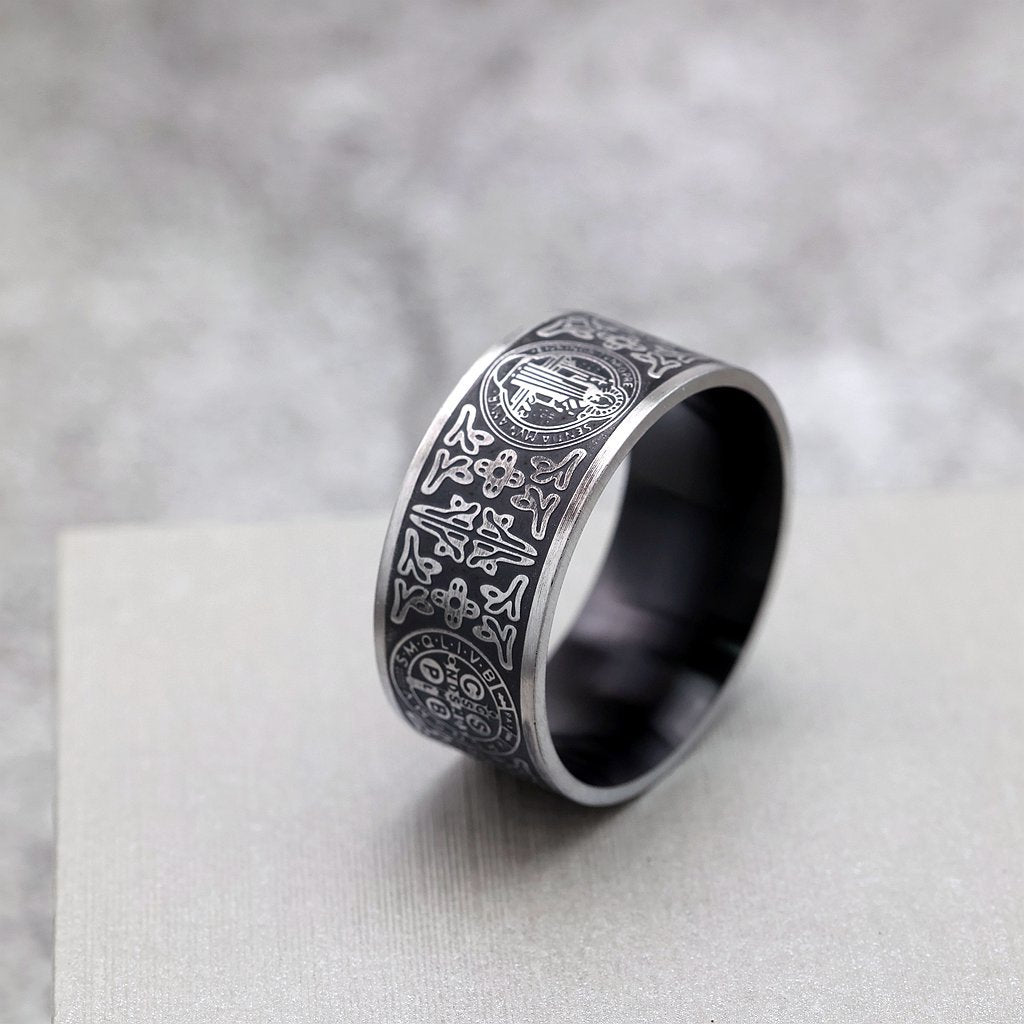Vintage Stainless Steel Saint Benedict Pattern Exorcist Cross Ring for Men