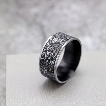 Vintage Stainless Steel Saint Benedict Pattern Exorcist Cross Ring for Men
